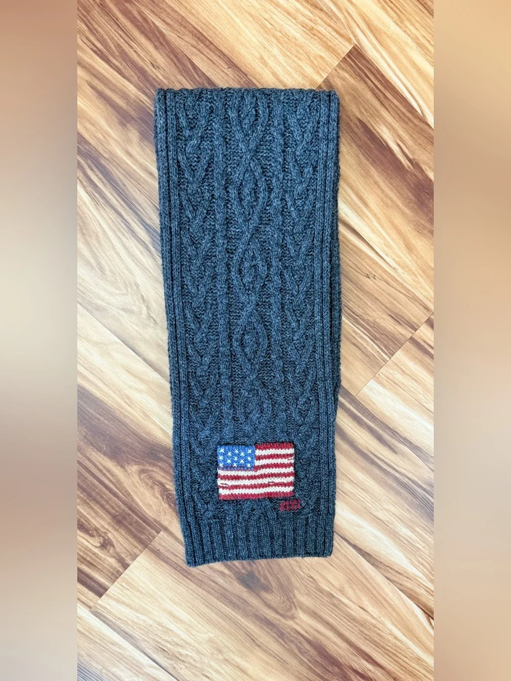 Vintage 90’s Polo by Ralph Lauren Charcoal Cable Knit Scarf with American Flag